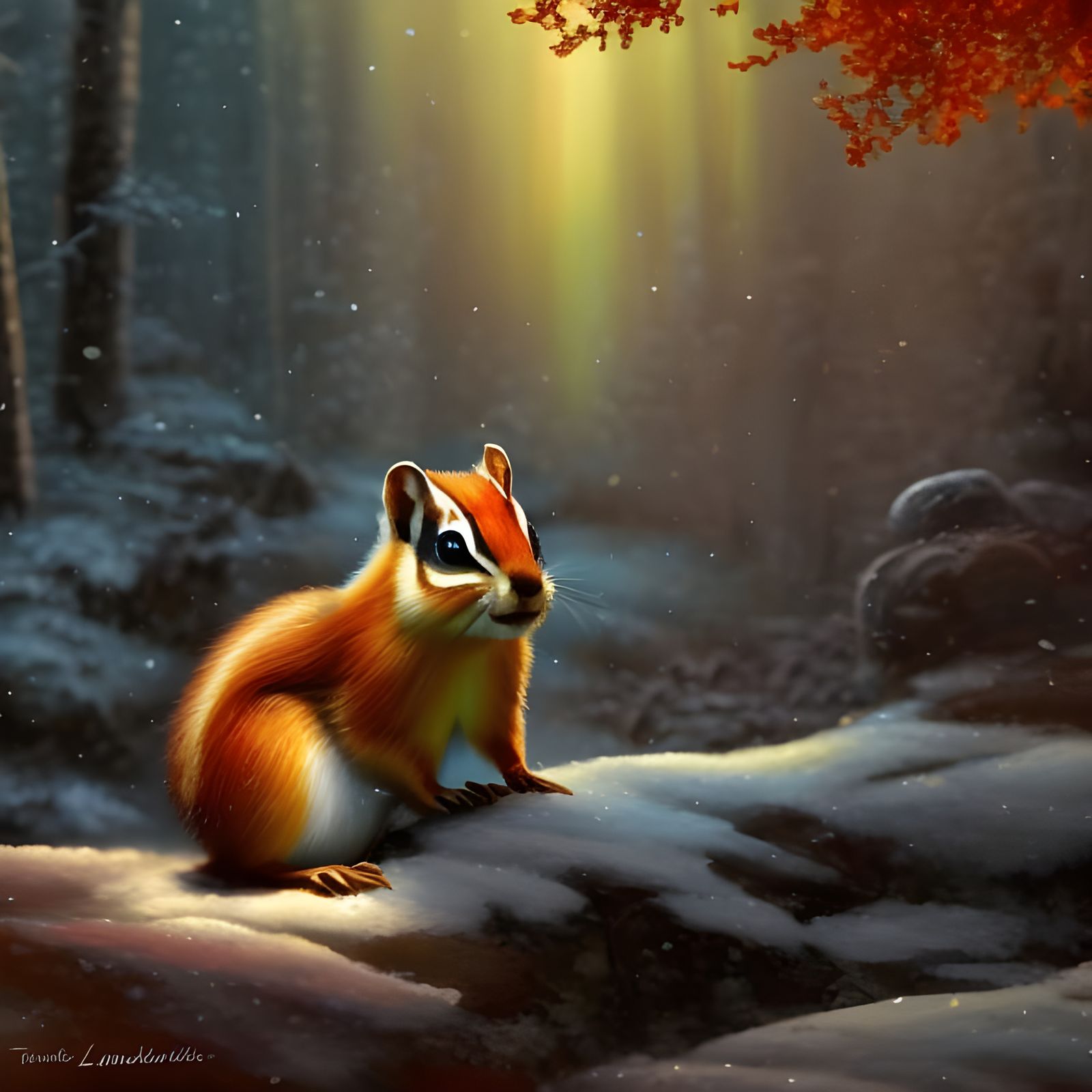 Luminous radiant majestic red chipmunk family in bright light detailed in autumn prism frozen water mist with Stardust b...