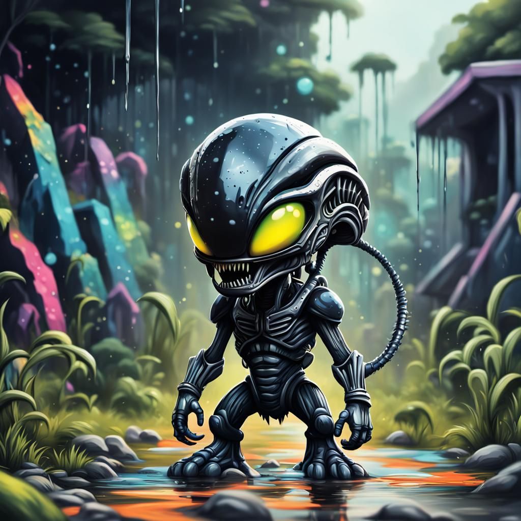 Chibi Xenomorph Graffiti Art with Polychromatic Details