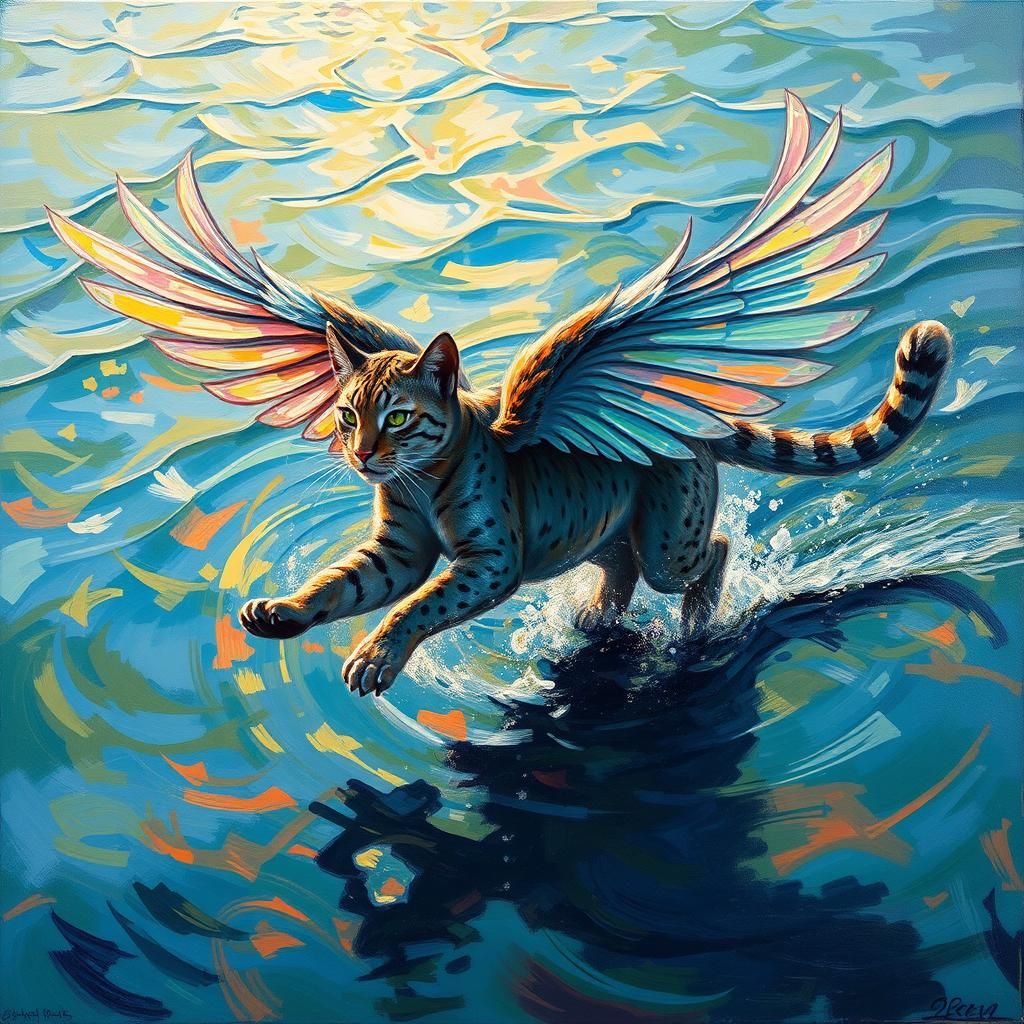 Winged Cat Running on Water as Acrylic Painting