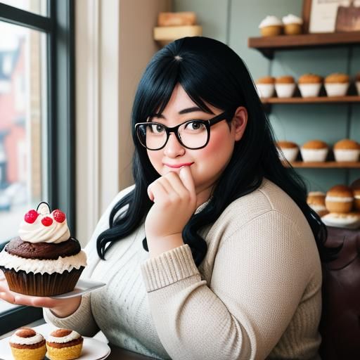 Woman Enjoys Cupcake in Charming Bakery: Professional Photo