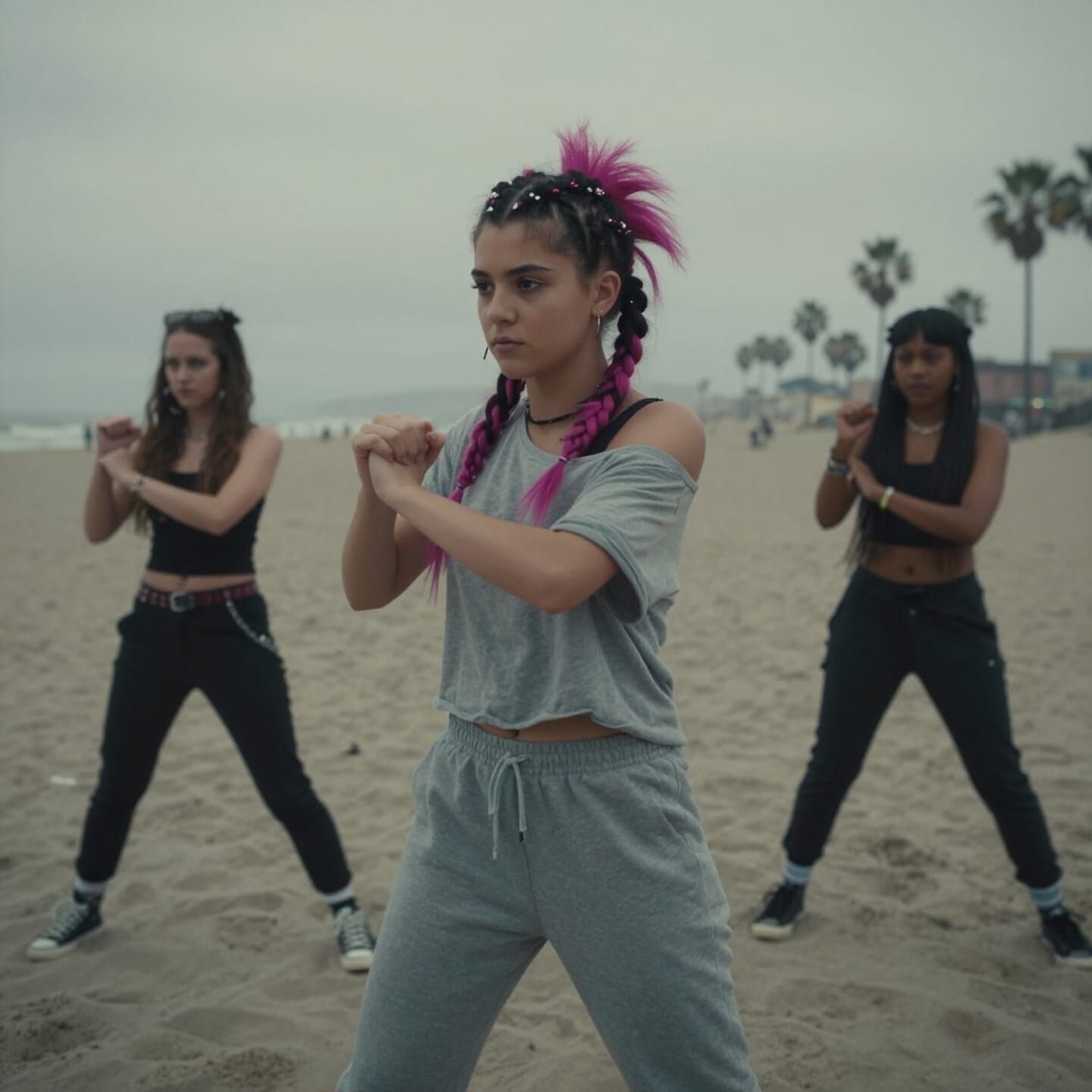 Punk Girl Exercising on Venice Beach Cinematic Film Still