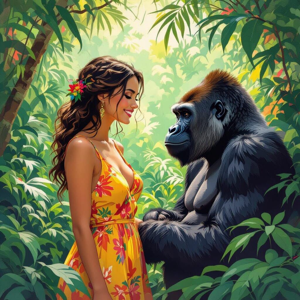 Woman Smiles at Gorilla in Art Nouveau Style