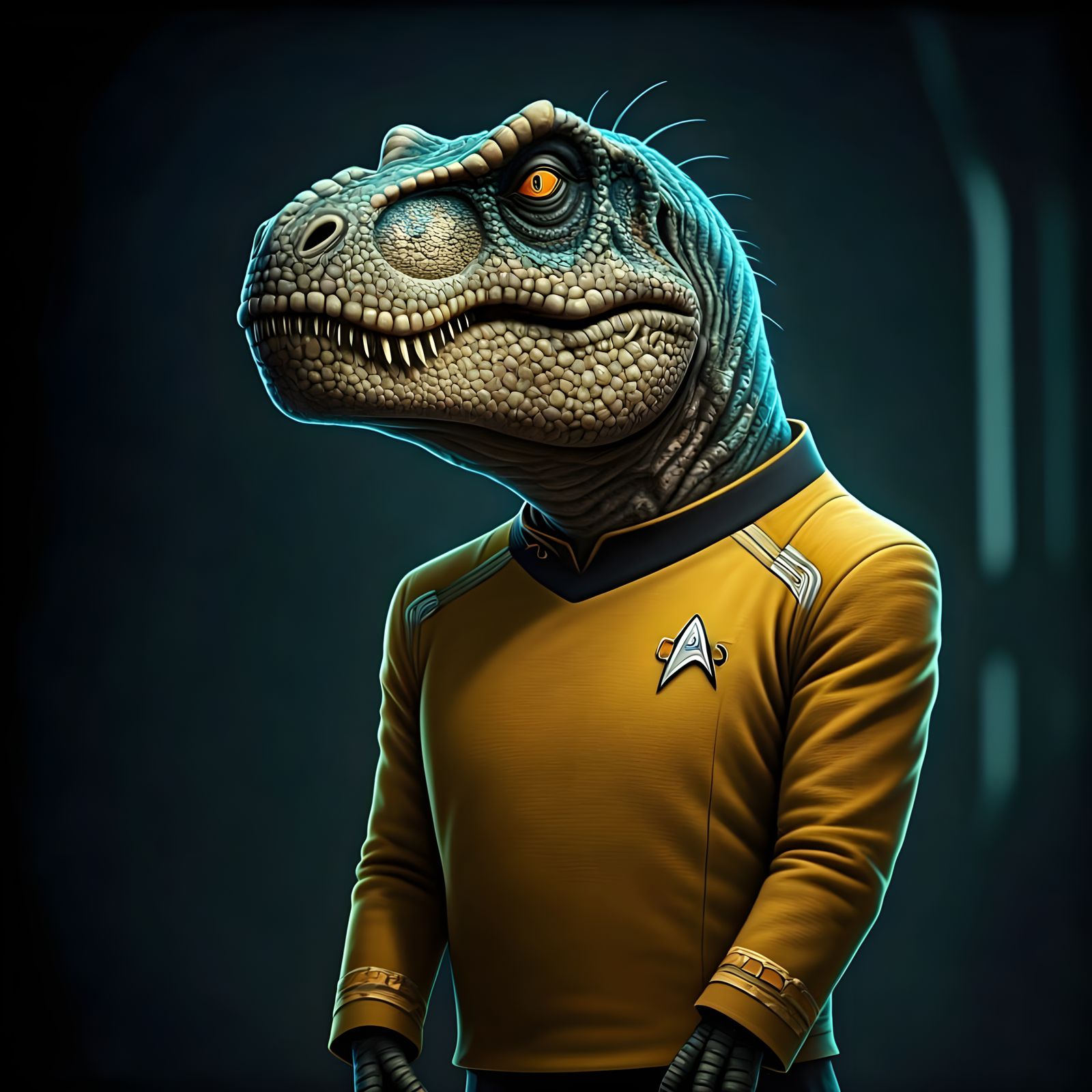 Anthropomorphic Dinosaur in Starfleet Uniform