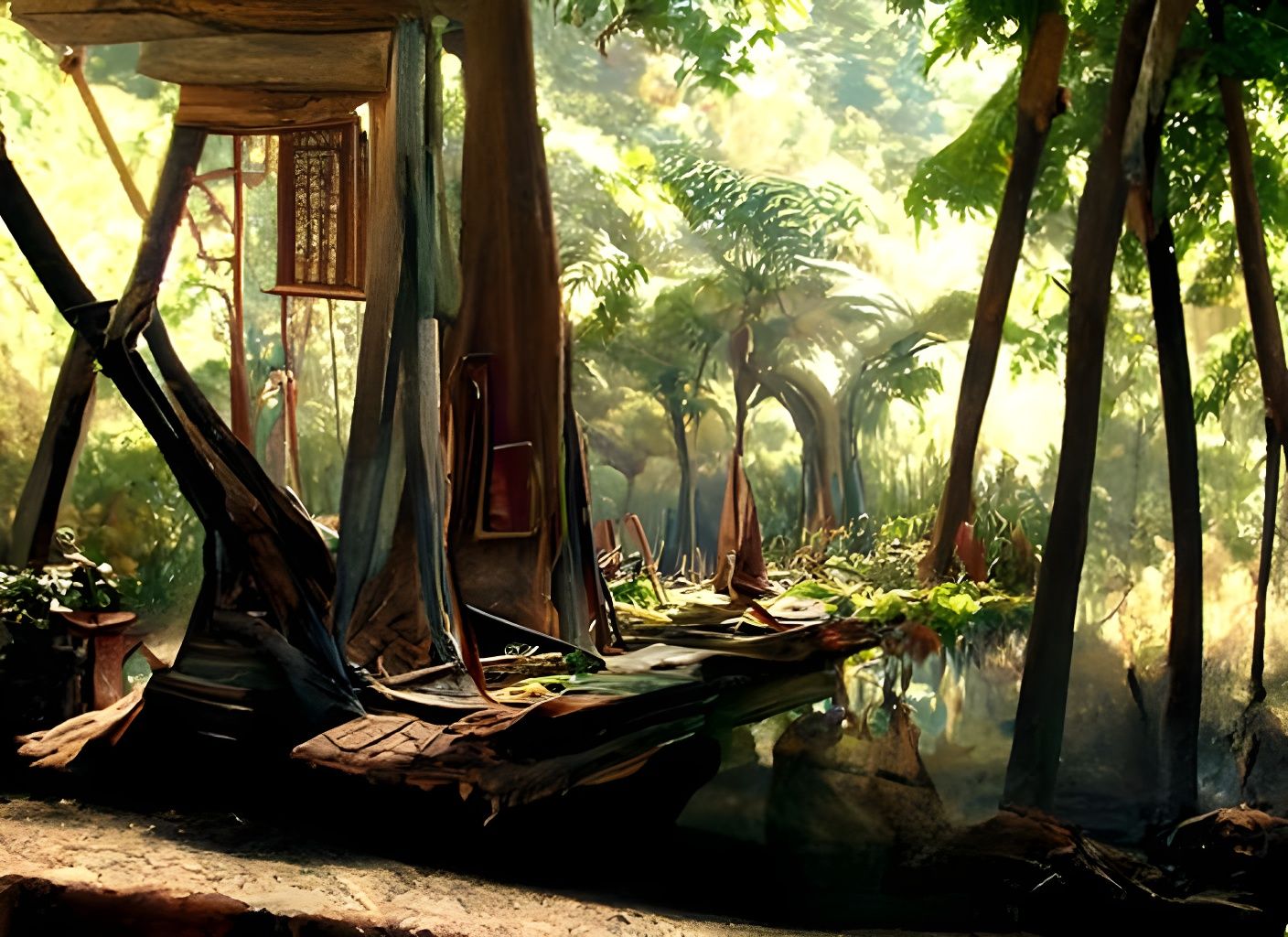 Bamboo Forest Home in Oil Painting Style