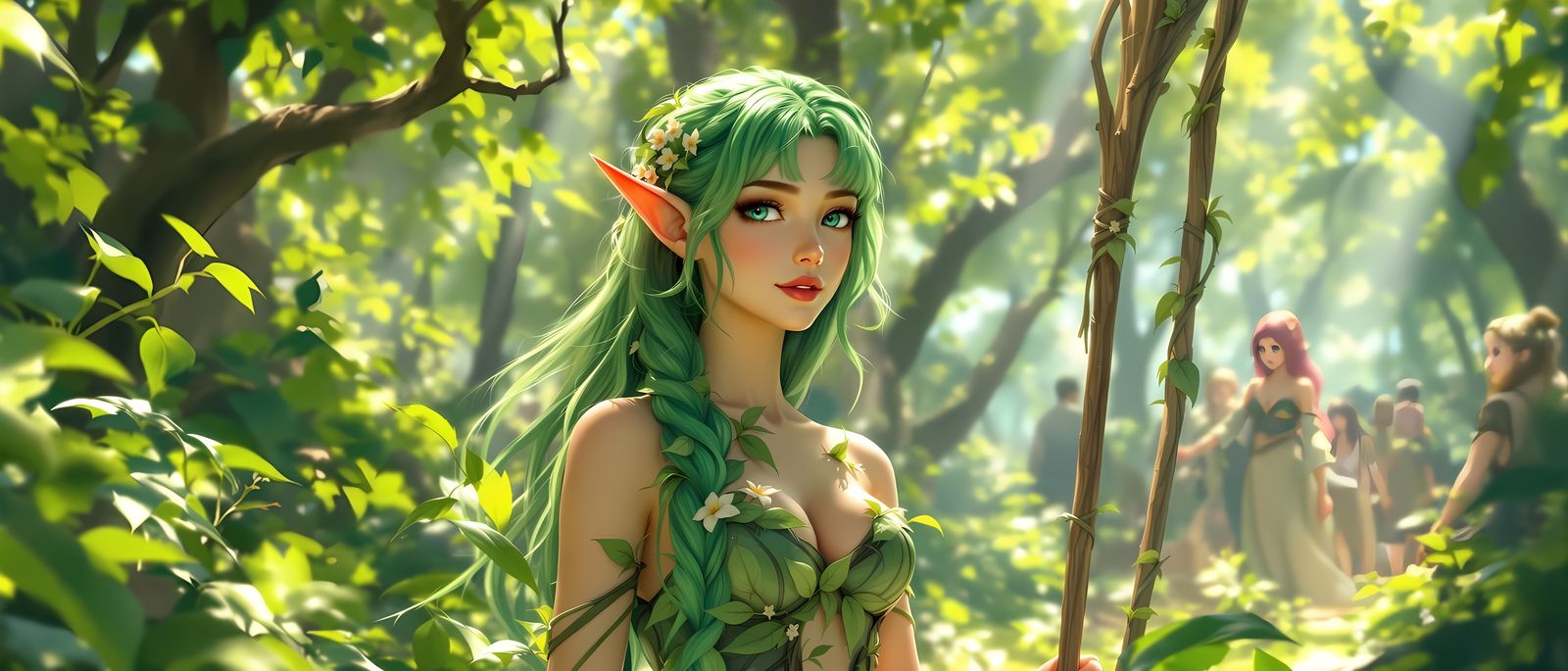 Emerald Elf Maiden in Sun-Dappled Forest Clearing