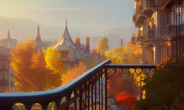 Autumnal Town Balcony View in Hyperdetailed Lighting