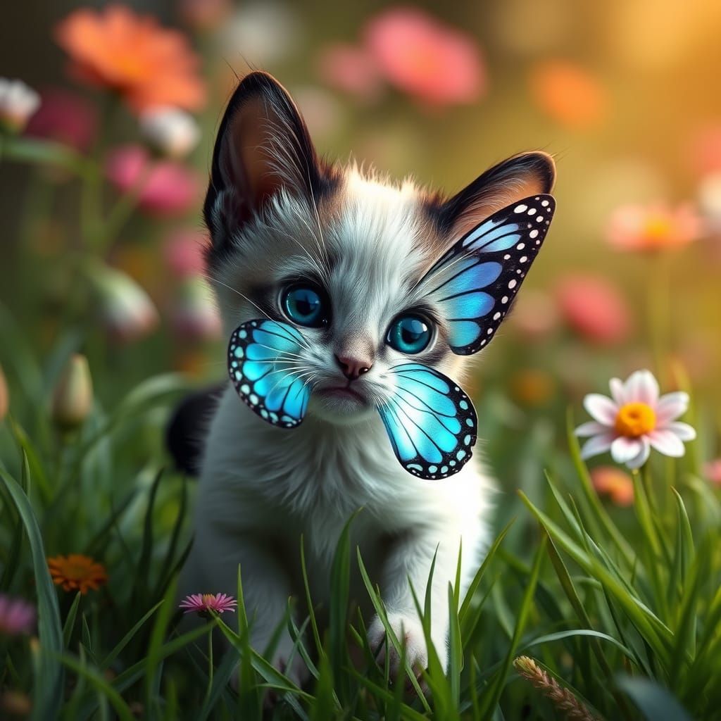 Mystical Butterfly Emerges from Siamese Cat Puppy in Vibrant...