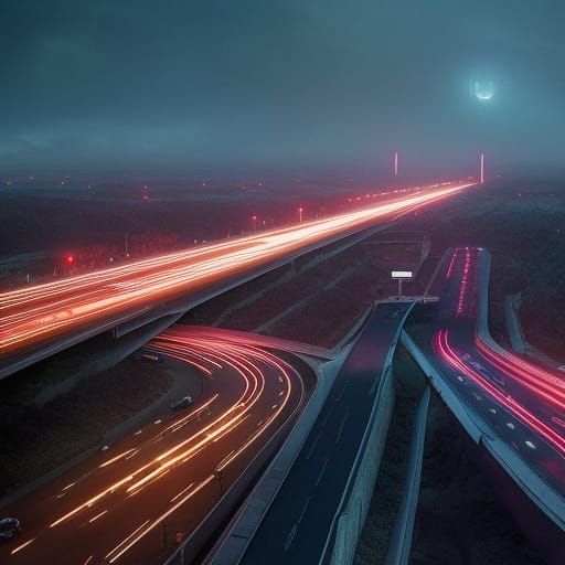 Dystopian Highway to Future City in Synthwave Style