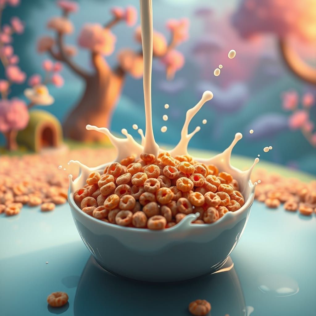 Whimsical Cheerios Scene in Dreamlike Environment