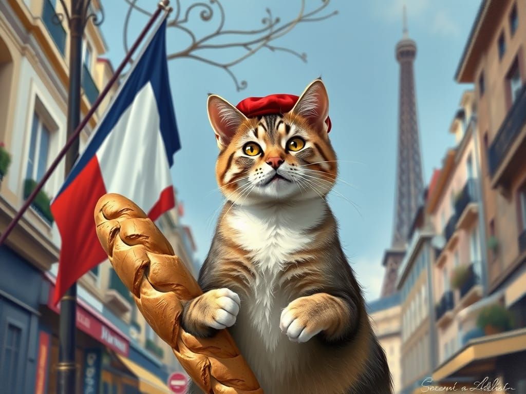 French Cat with Baguette in Impressionist Style