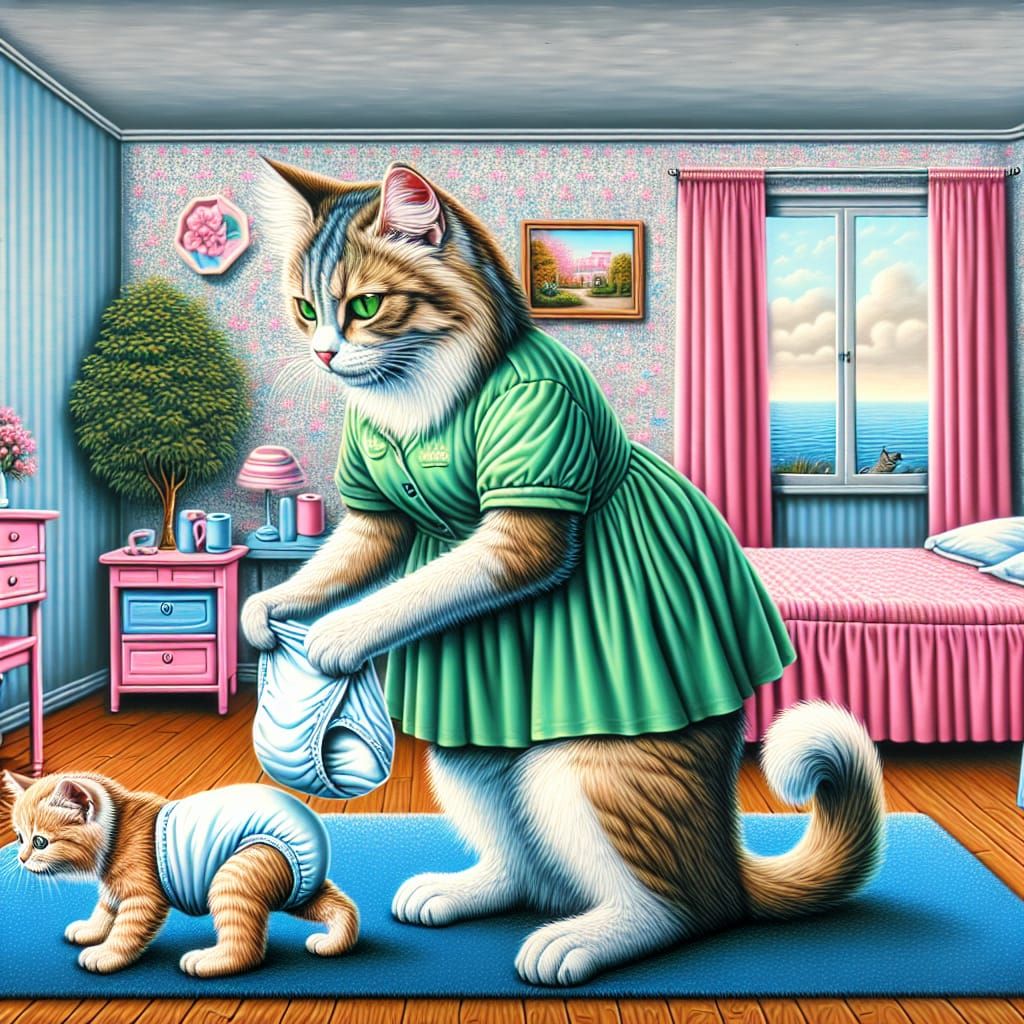 Human-like Cat Changing Diaper as Airbrush Art