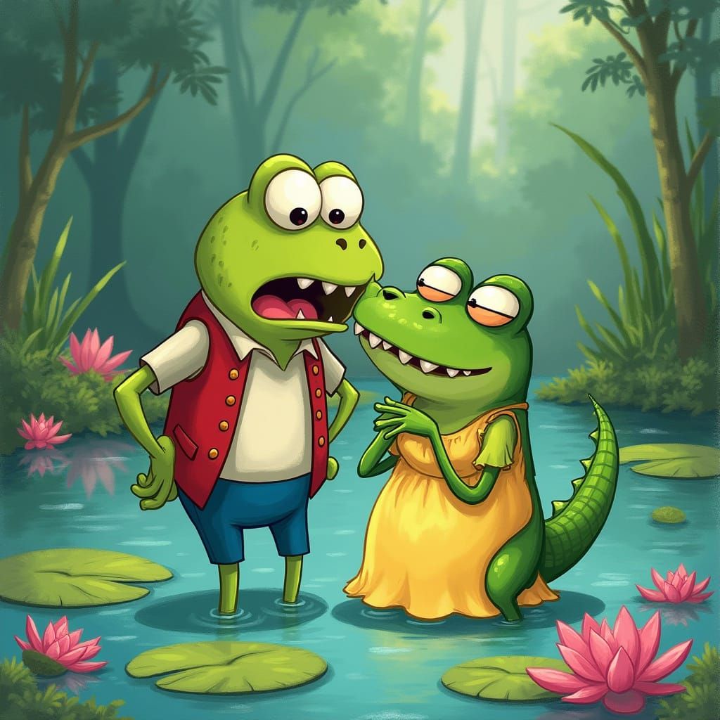 Shocked Frog Witnessing a Kiss, Cartoon Style