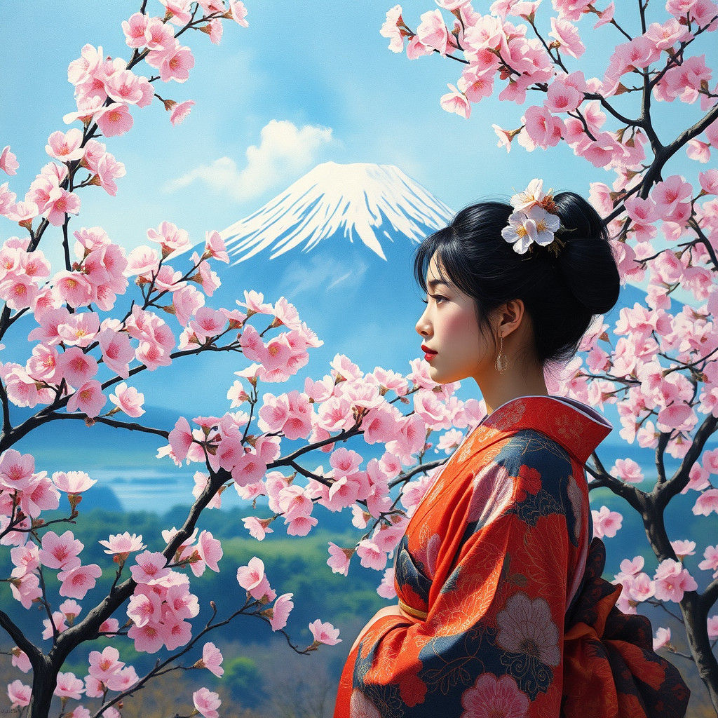 Fuji Mountain and Cherry Blossoms: Impressionist Japanese La...