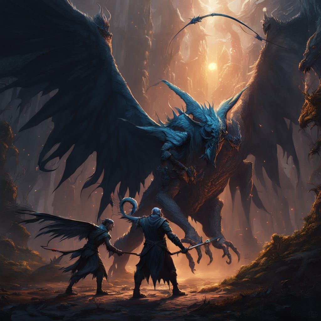 Dark Elf Tames Giant Winged Beast in Epic Fantasy Scene