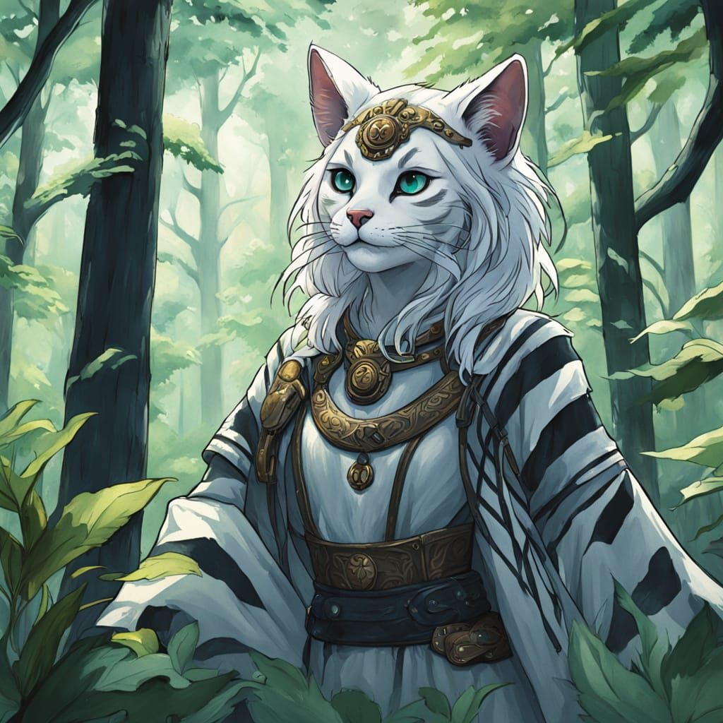 Anime Druid Tabaxi Female in Forest Clearing