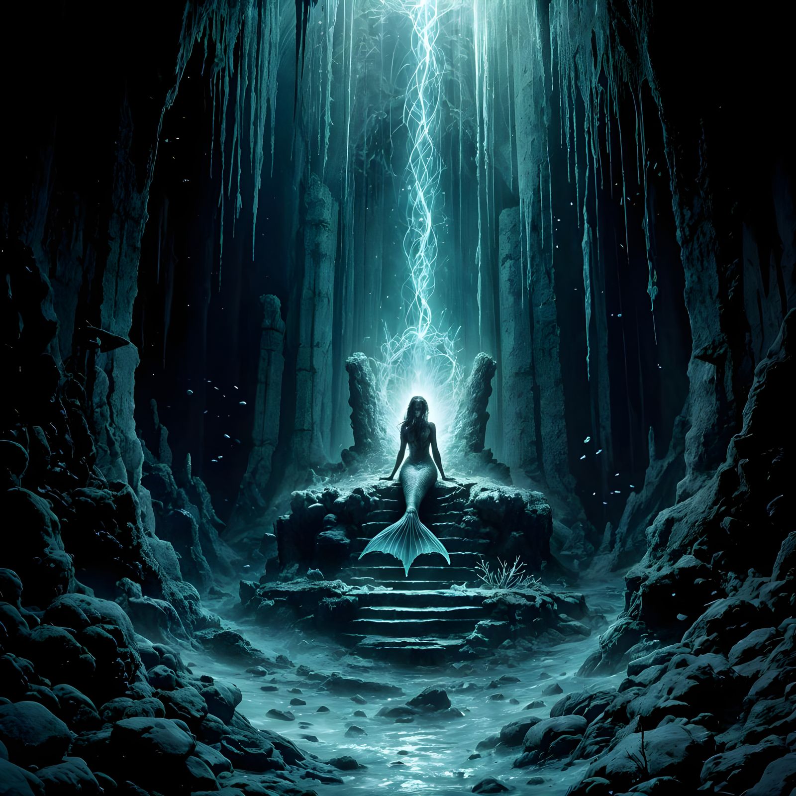 Mermaid Princess on Ancient Ruins in Deep Abyss
