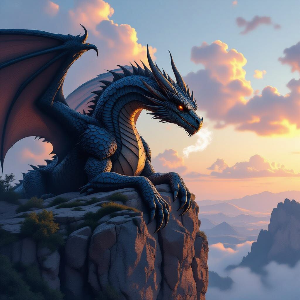 Ancient Dragon Rests on Cliff in Soft Evening Light