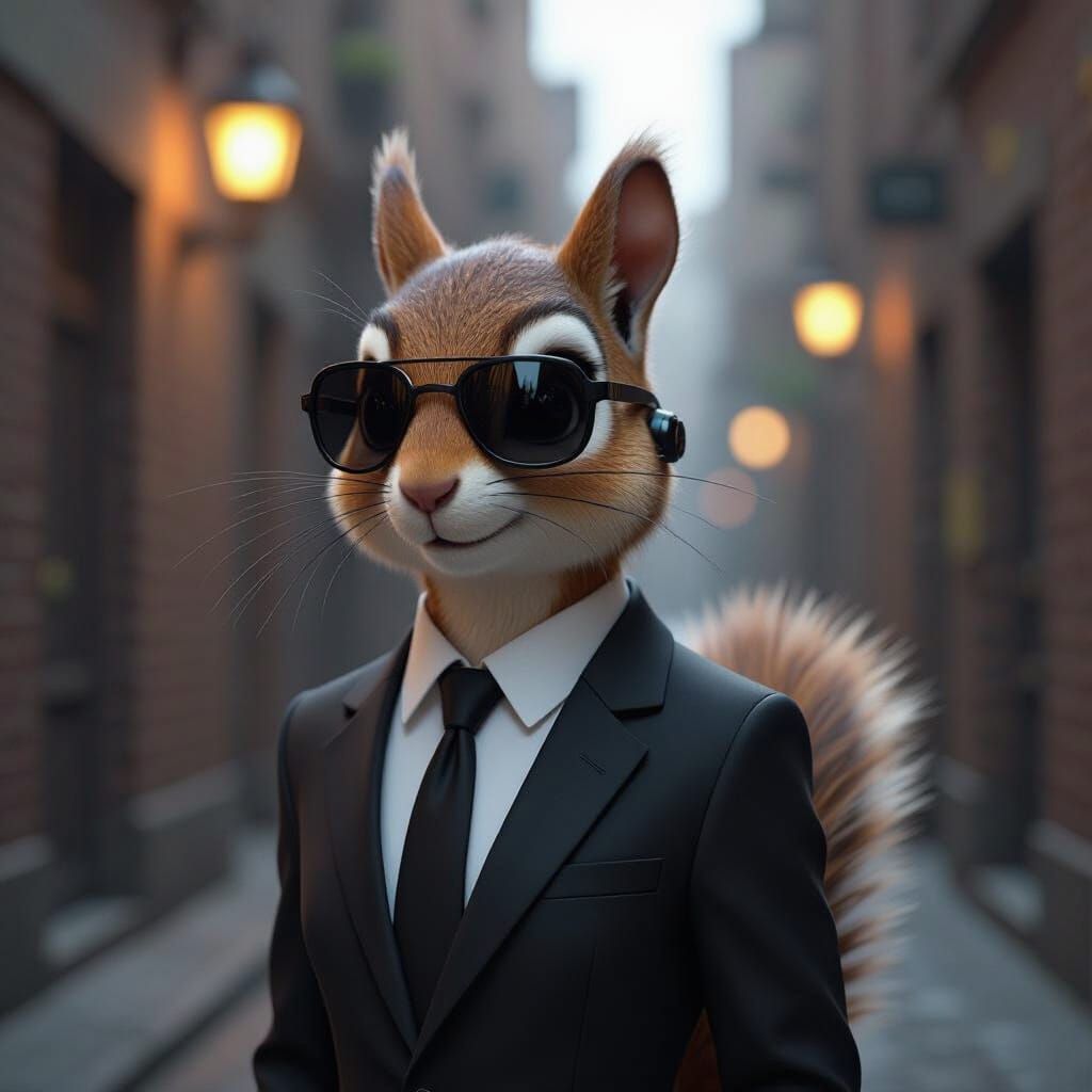 Squirrel CIA Agent in Black Suit, Realistic 3D Anime