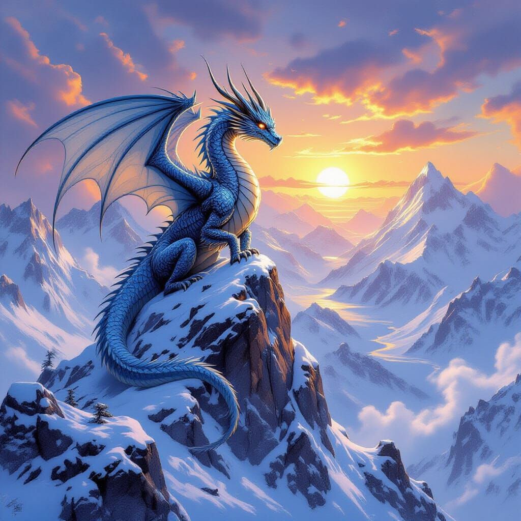 Crystal Dragon on Snow-Capped Peak: Fantasy Art