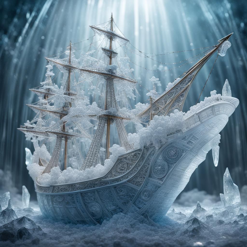 Ice Ship on Stormy Sea, Borderland Fantasycore Artwork