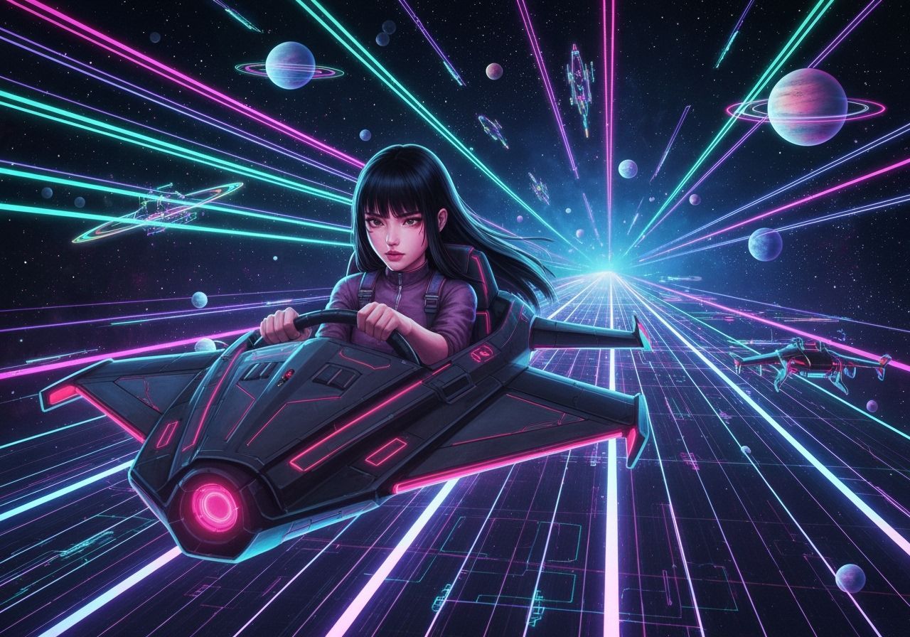 Cyberpunk Hologram: Woman Driving Spacecraft in Outer Space