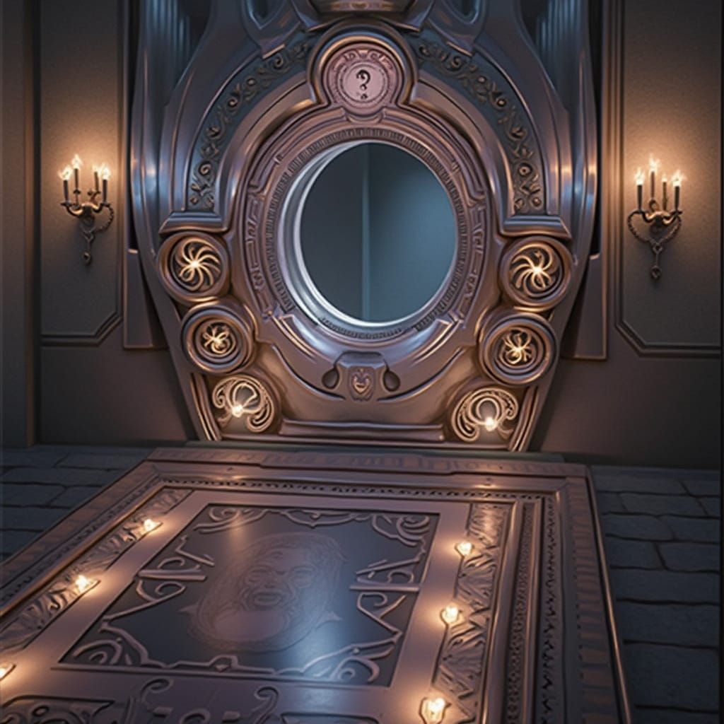 Sleek Metallic Portal in an Atmospheric Chamber