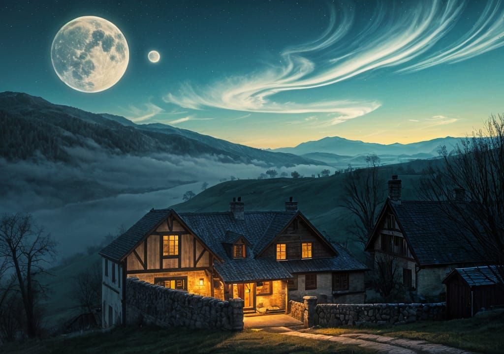 Night Houses on Hills: Oil Painting with Volumetric Lighting
