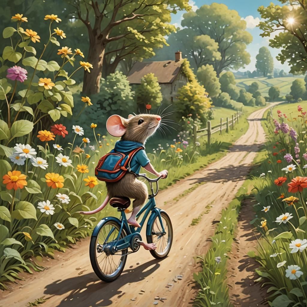 Mouse Rides Bike on Sunny Country Path