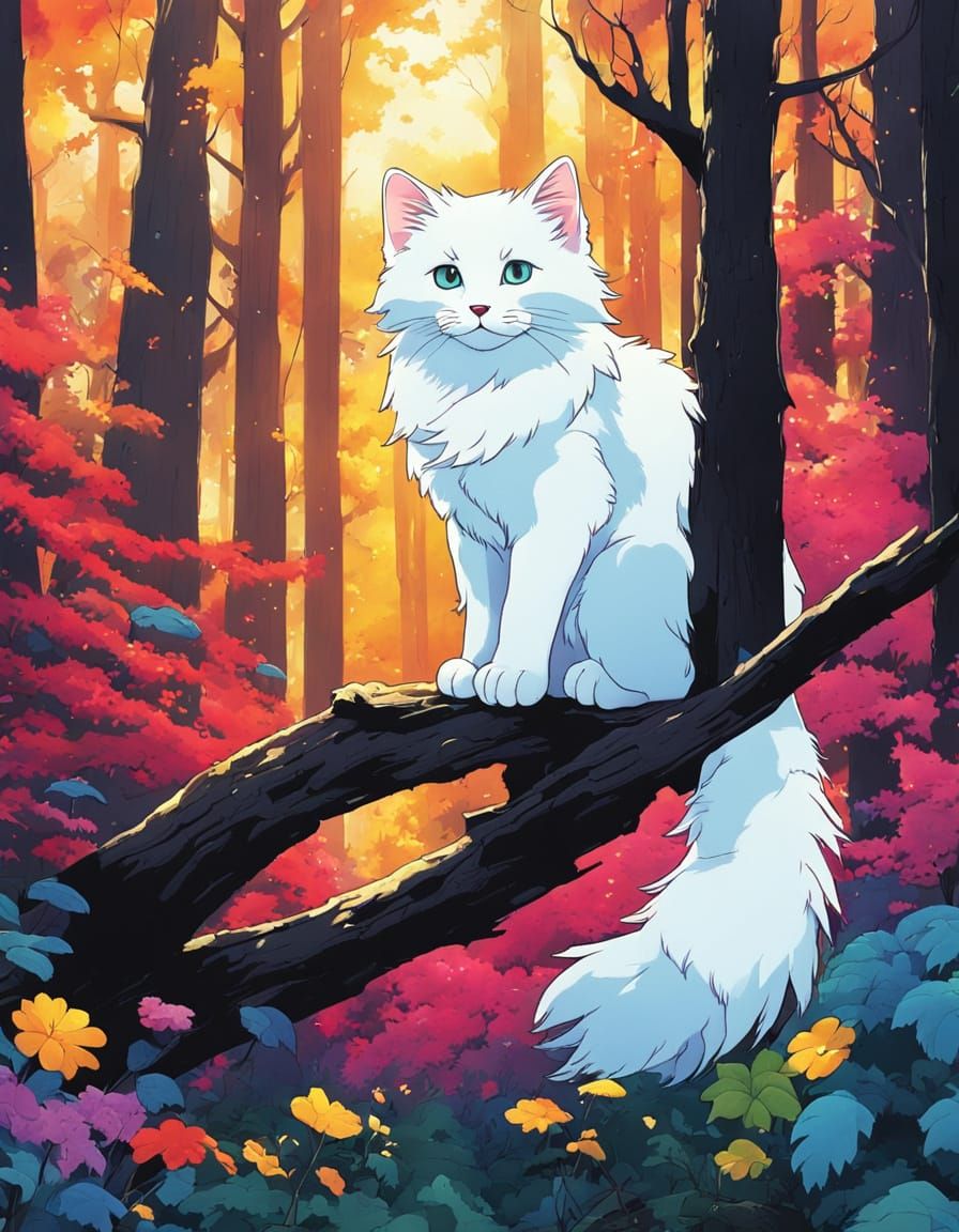 Whimsical Forest Kitten in Vibrant Anime Style