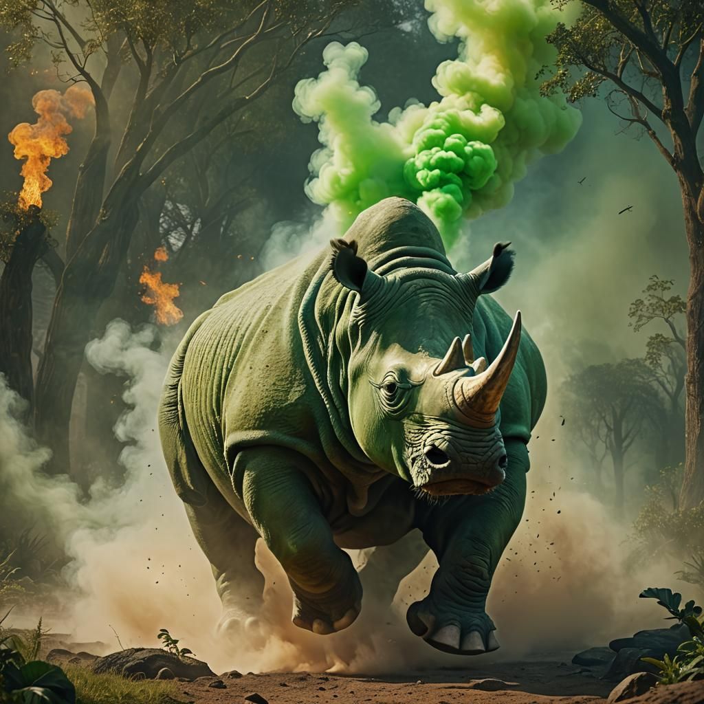 Green Rhinoceros Charging: Fantasy Concept Art