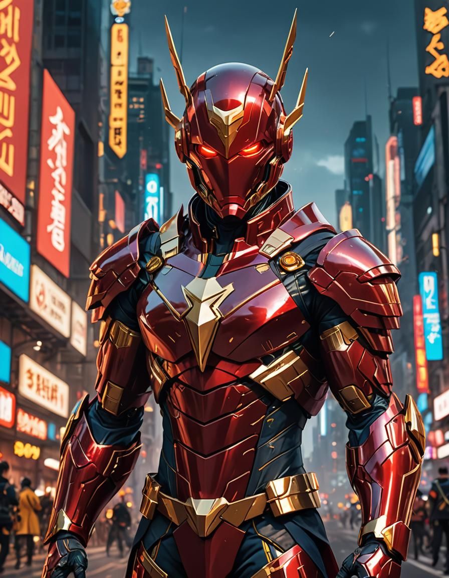 Red Tornado Android Hero in Cyberpunk Anime Style