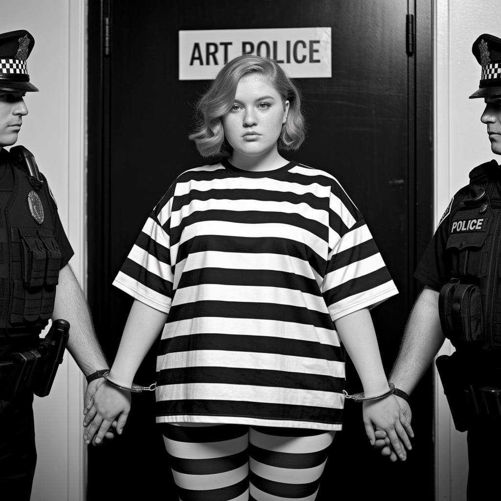 Overweight Woman Arrested by Art Police in B&W Photo