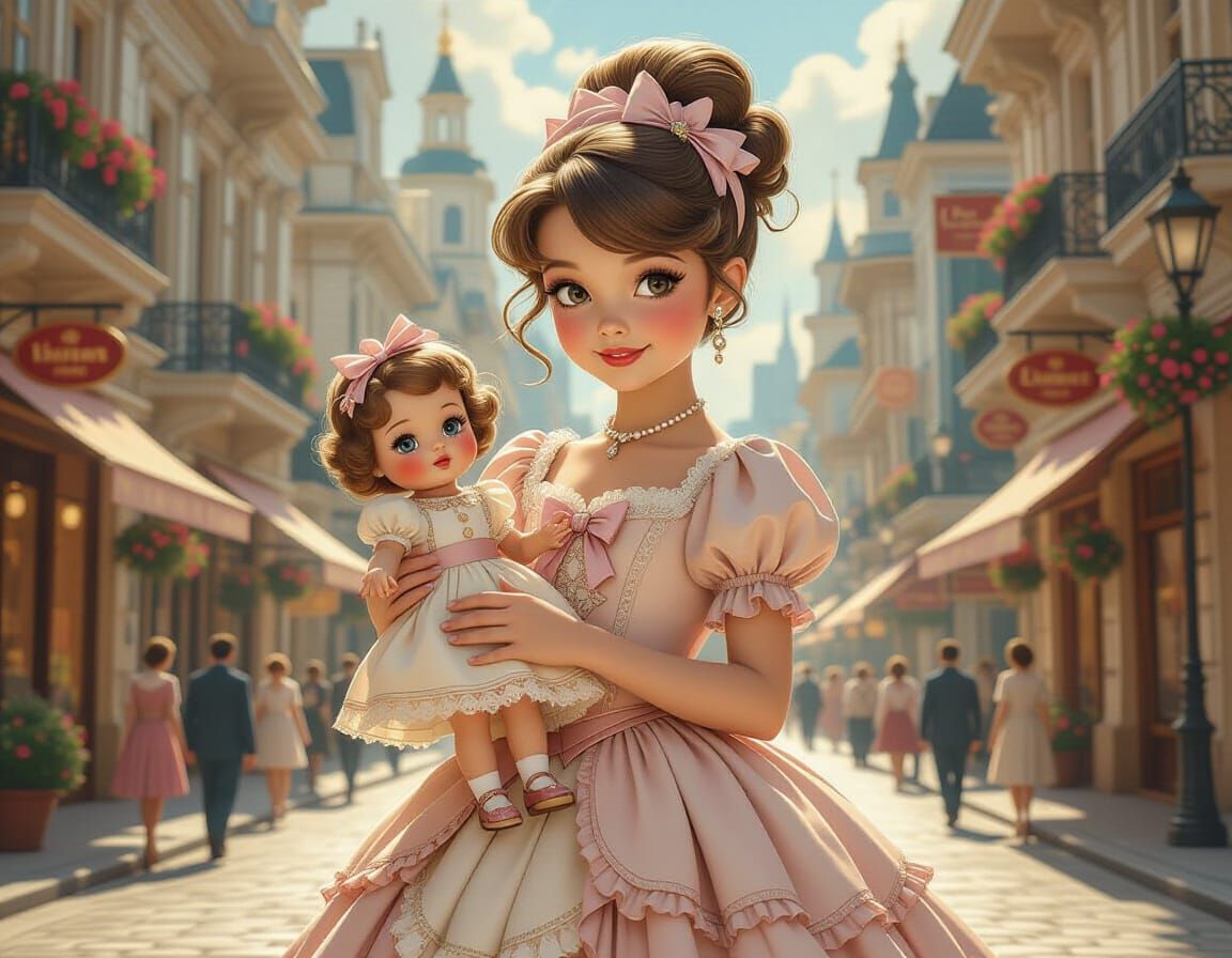 Elegant Girl with Doll in Retro Cityscape