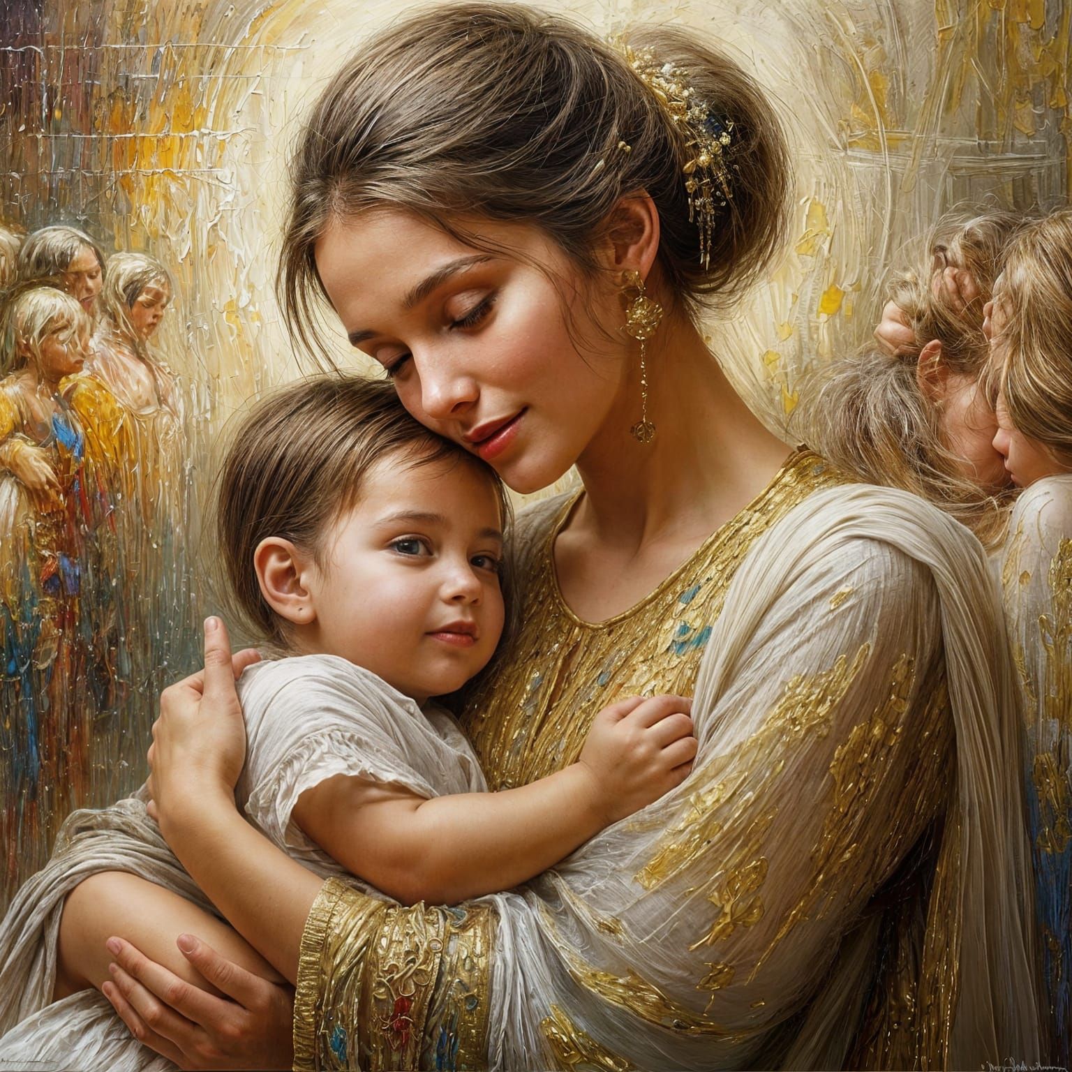 Motherly Love in Vibrant Oil Painting