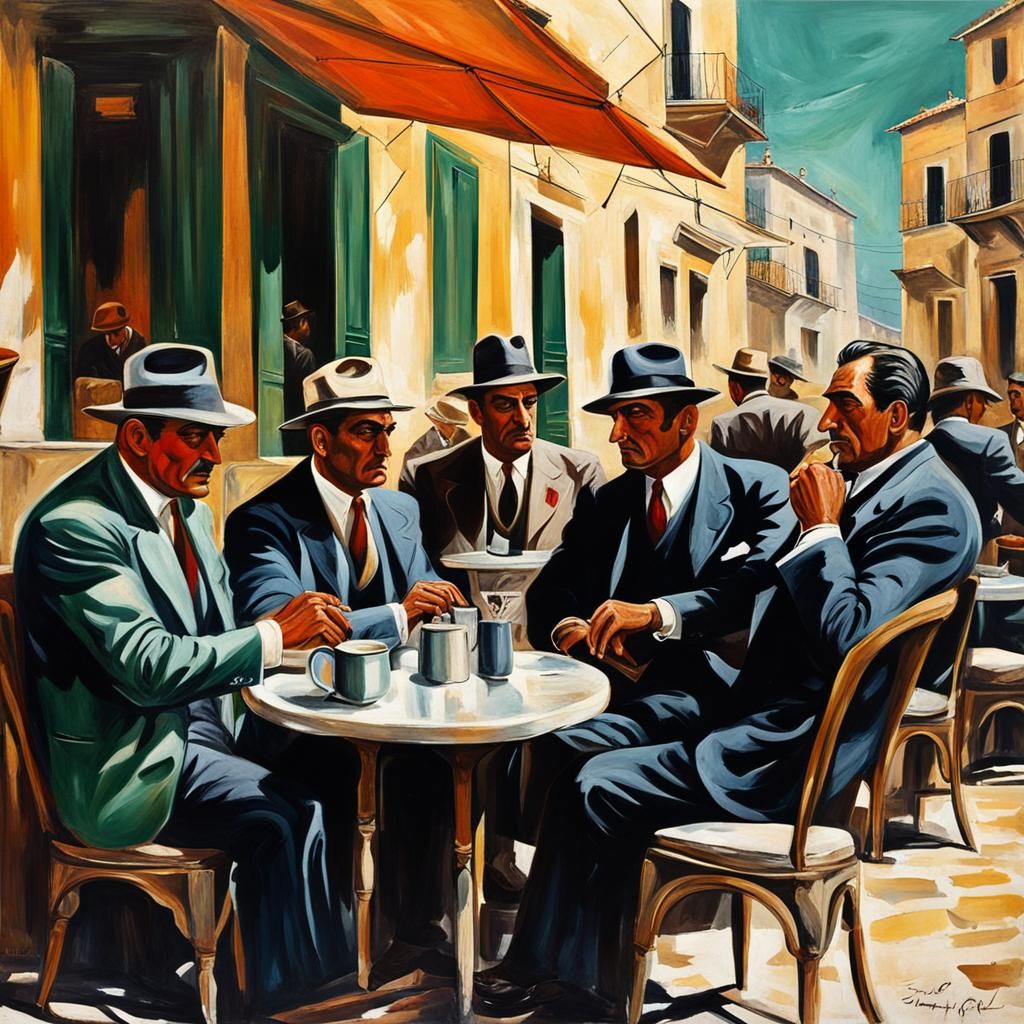 Sicilian Cafe Scene with Mafia in 1940s