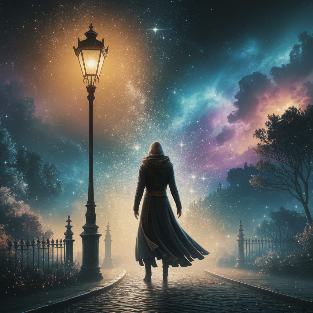 Ethereal Figure in Shimmering Stardust Mist