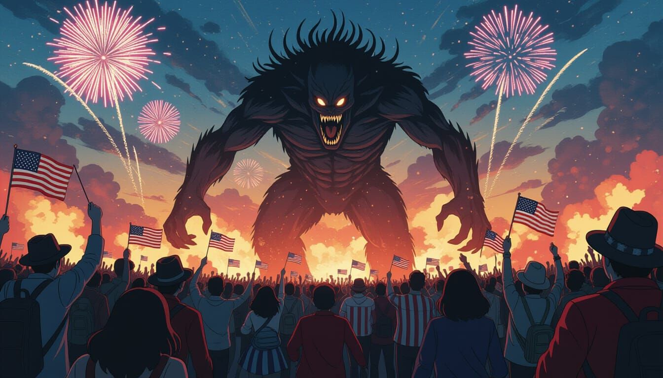 Terrified Crowd Fleeing Monster in Patriotic Horror
