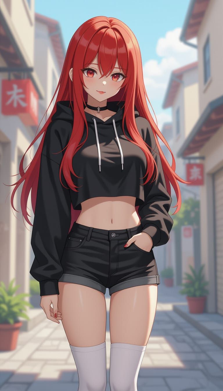 Red-Haired Anime Girl in Casual Outfit