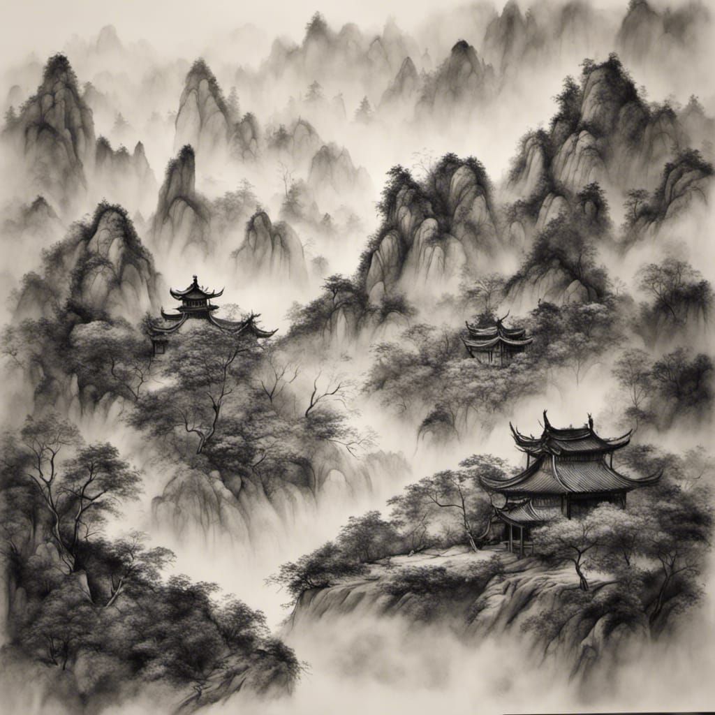 Detailed Landscape in Chinese Ink Style