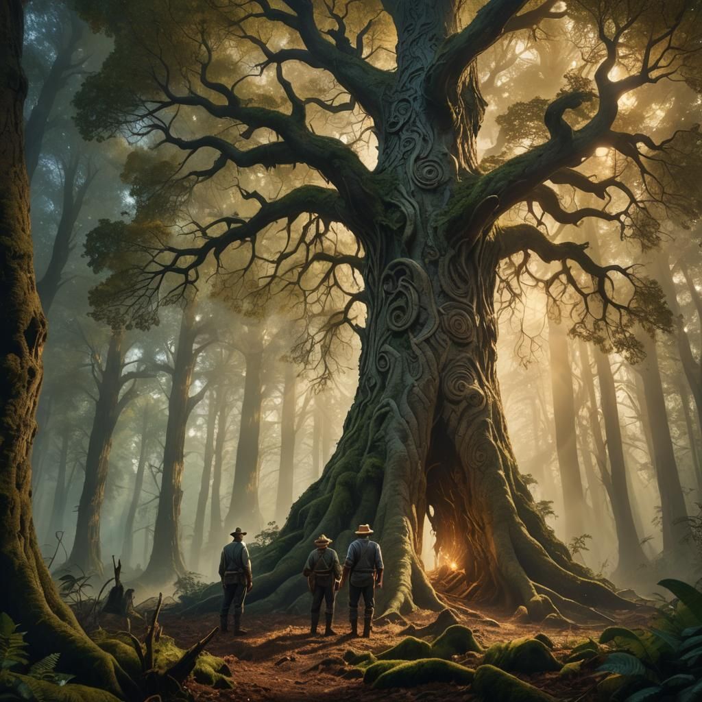Mystical Forest: Farmer and Towering Tree in Matte Painting
