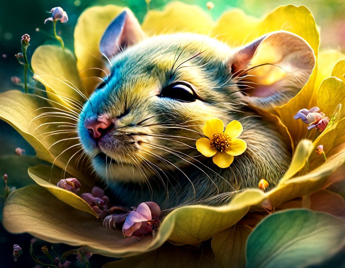 Mouse Sleeping in Flower in Watercolor Style
