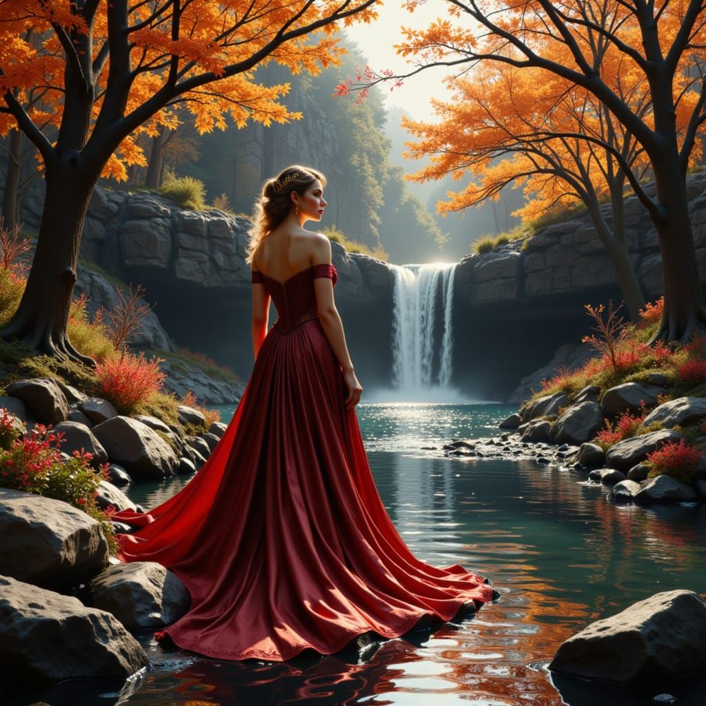 Princess by Autumn Waterfall in Painterly Concept Art Style