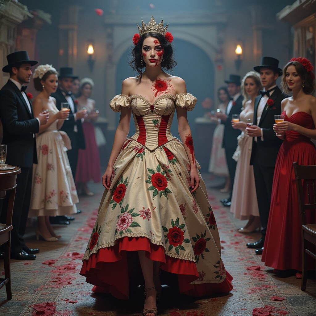 Zombie Queen at Graduation Party in Tattered Dress