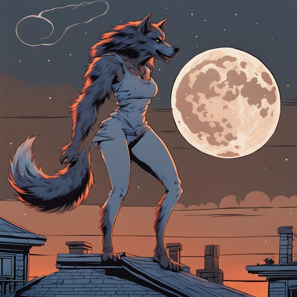 Female Werewolf on Rooftop Under Full Moon