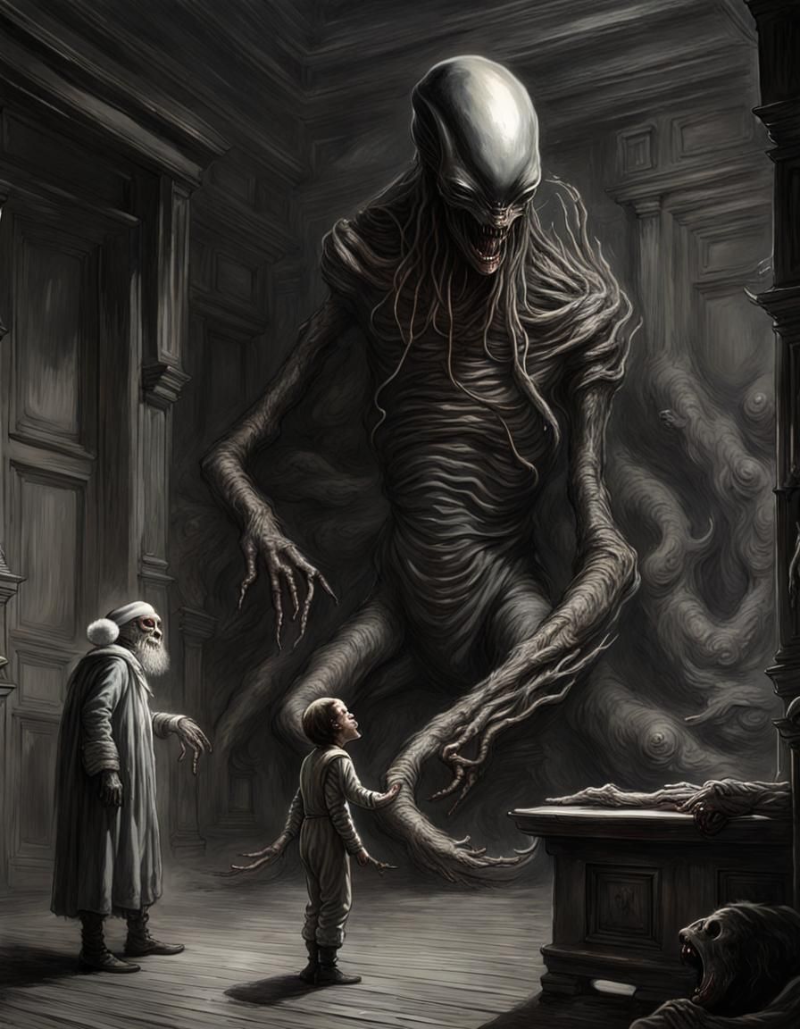 Xenomorph Alien Emerges from Santa Claus: Horror Art