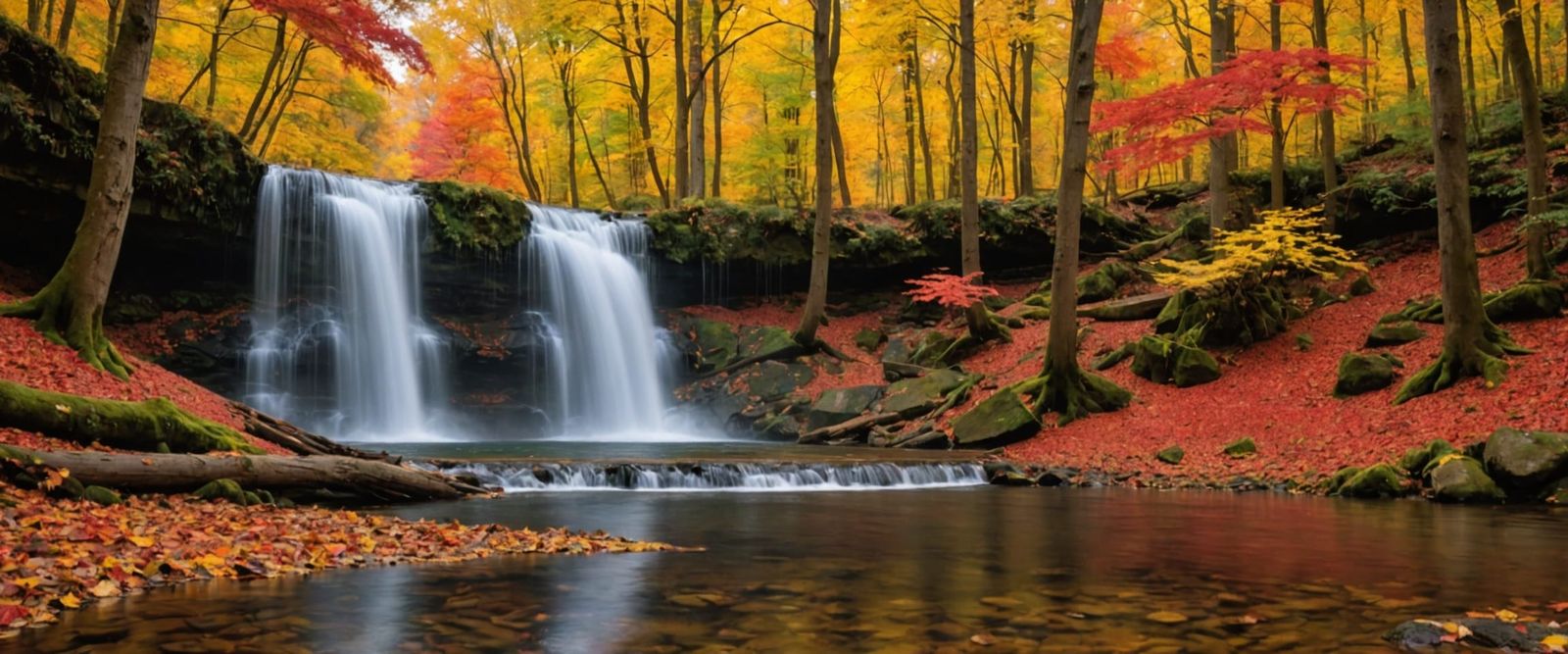 Vibrant Autumn Waterfall in Dense Forest