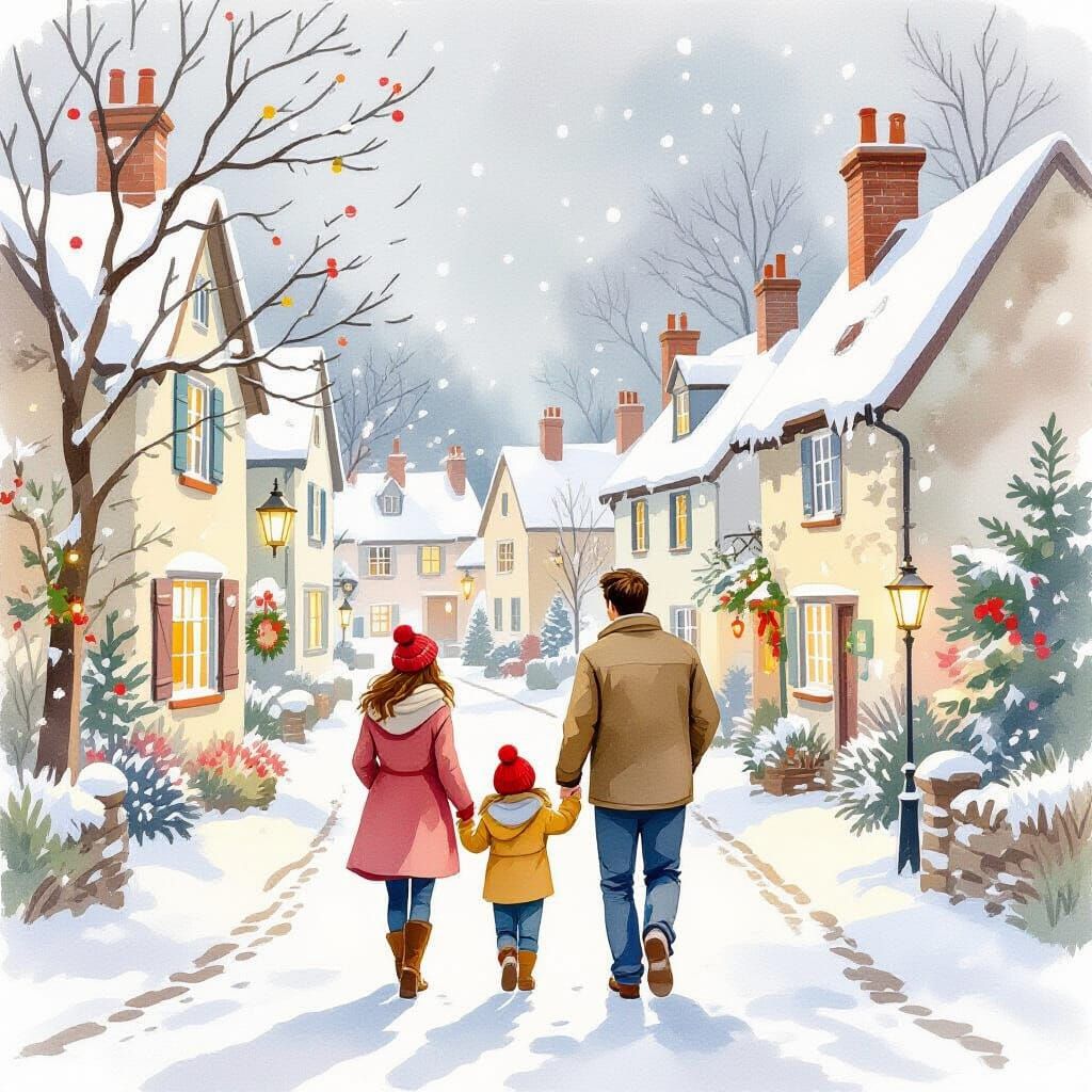 Festive Family Stroll: Watercolor Village in Winter
