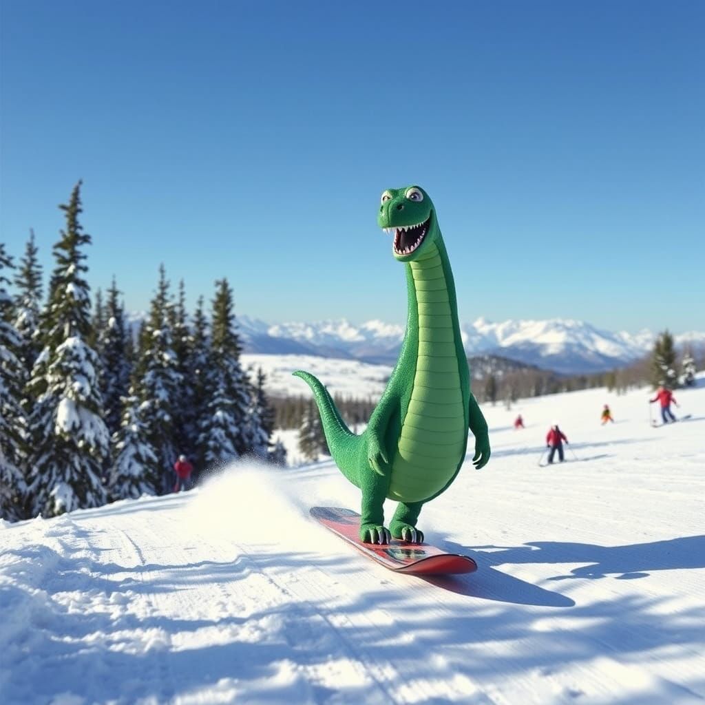 Surreal Winter Scene with Loch Ness Monster Snowboarder and ...