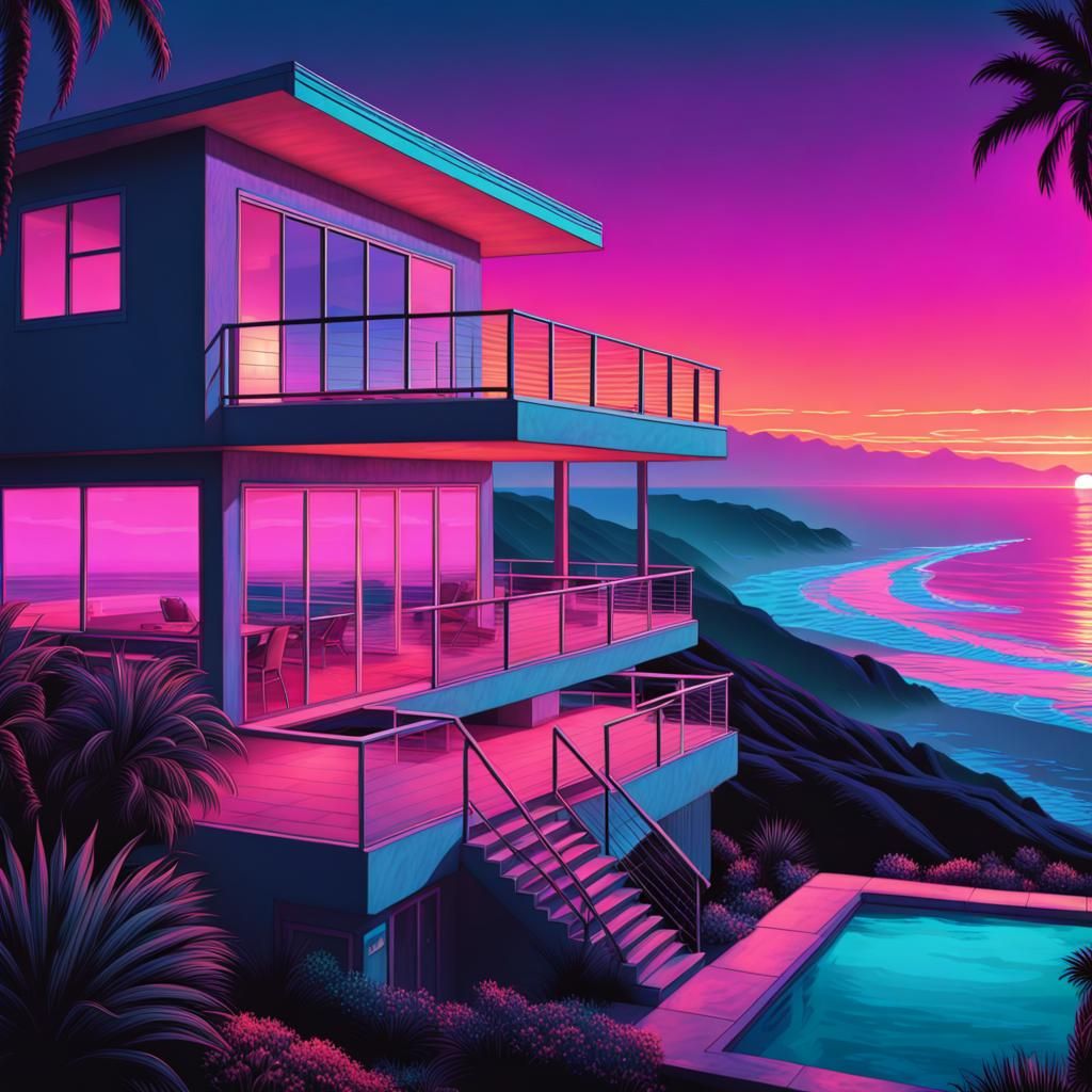 California Beach House: Synthwave Neon Retro Style