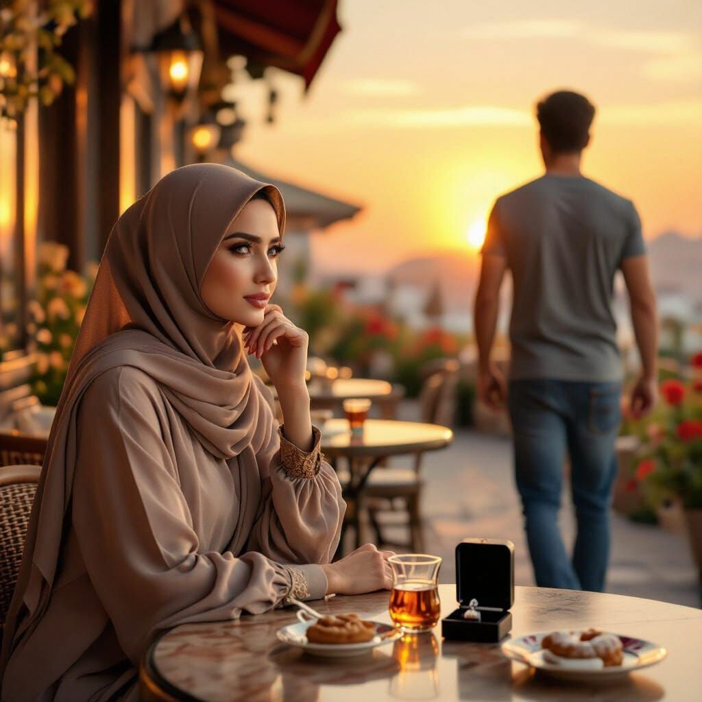 Woman in Hijab at Cafe During Sunset